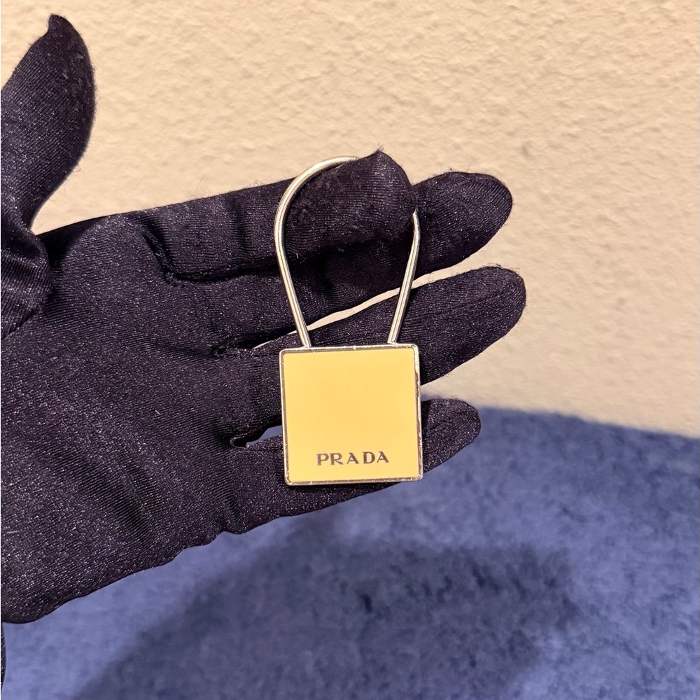 Prada Keychain or Bag Charm Silver & Tan Enameled Metal Square